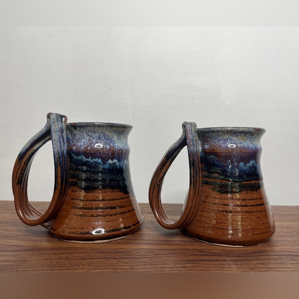 Handmade Pottery Mugs -Set Of 2 Signed Tom Boho Earthy Artisan Crafted Glazed